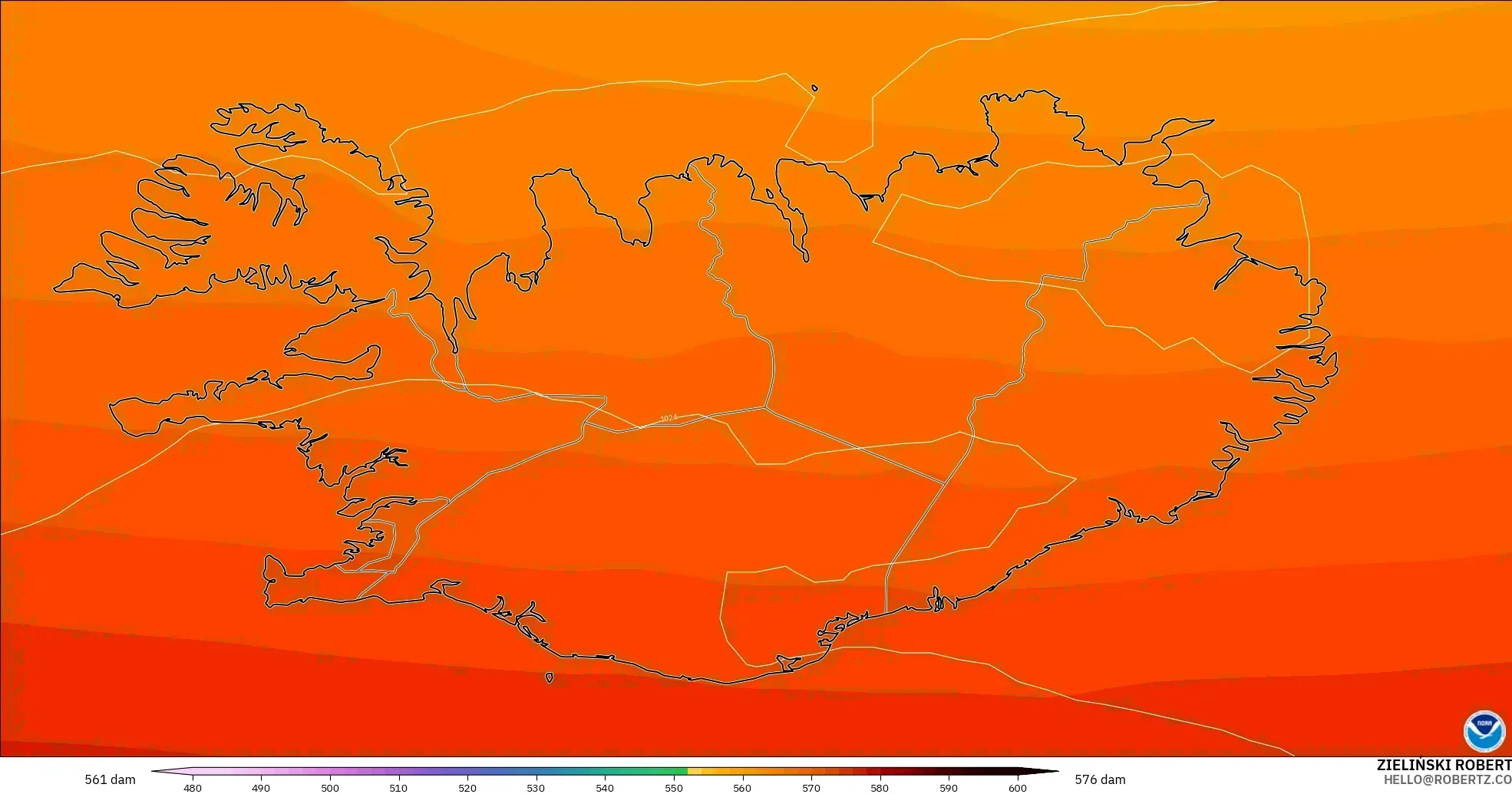 GFS model - İzlanda, 500 hPa’da jeopotansiyel yükseklik