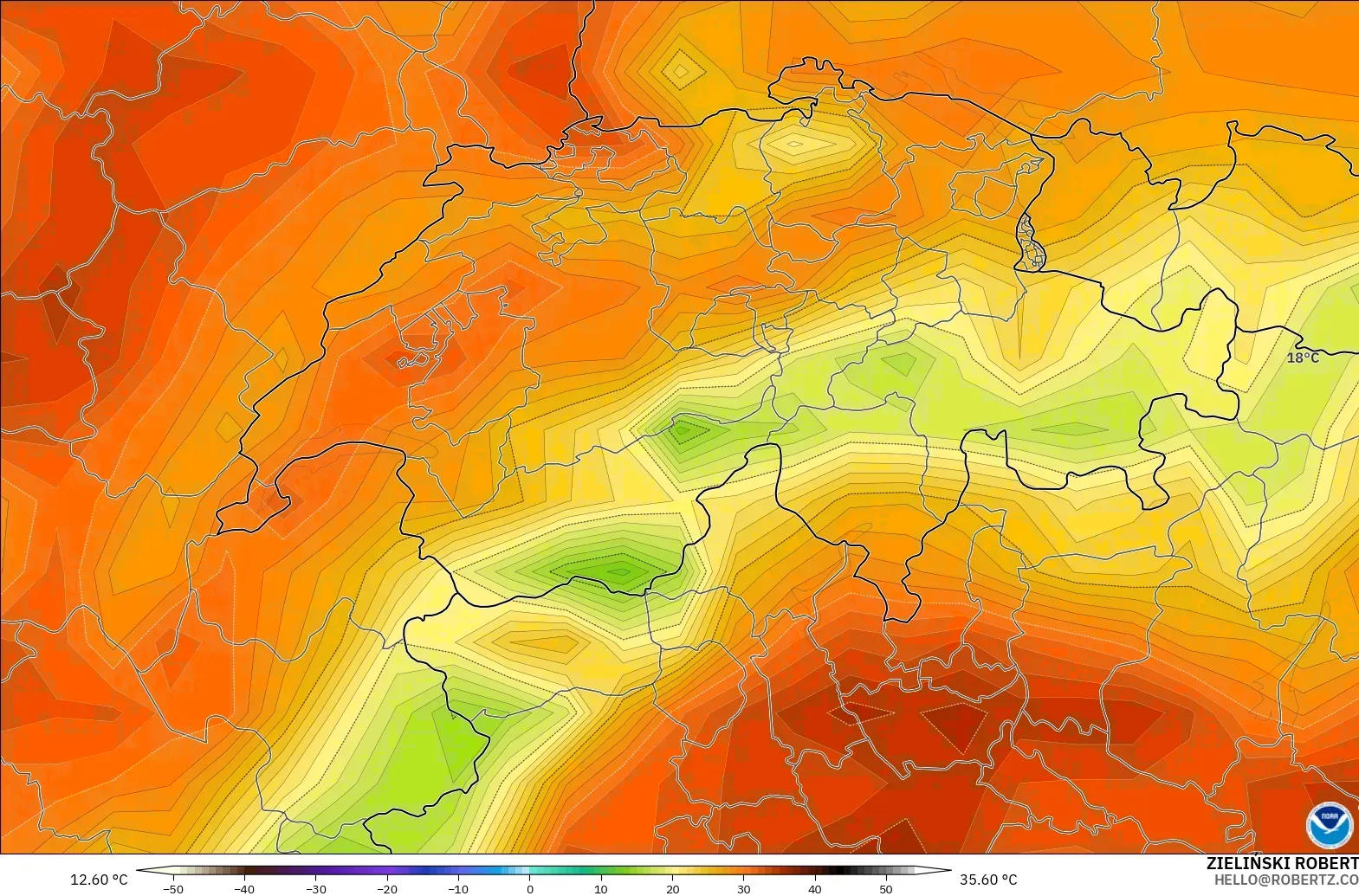 GFS model - İsviçre, 2 m Sıcaklık