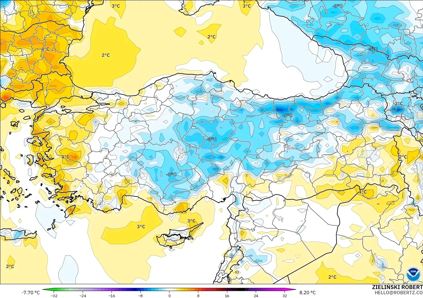 GFS model - Türkiye, 2 m Sıcaklık Anomalisi