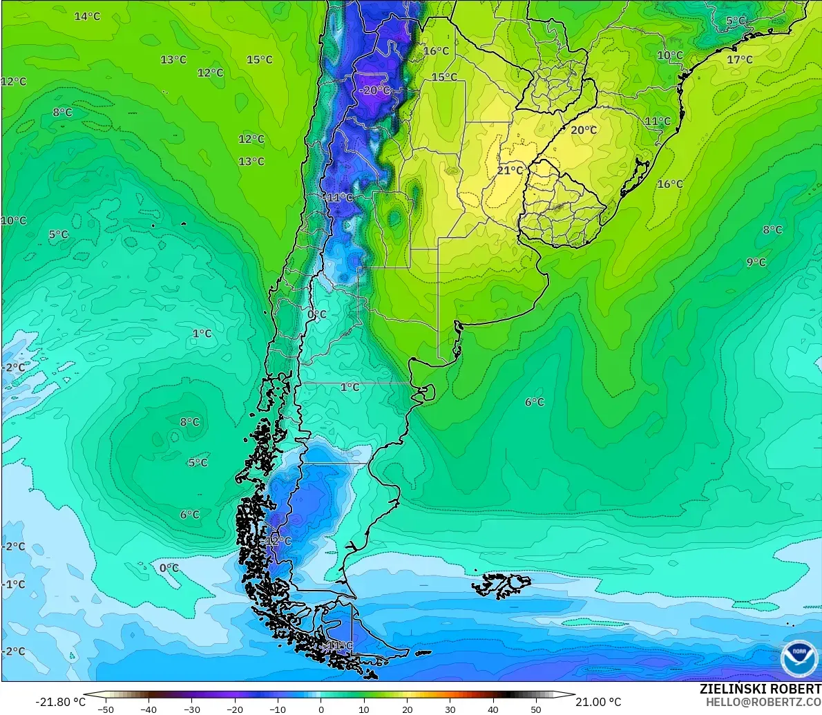 GFS model - Arjantin, 2 m Çiy Noktası