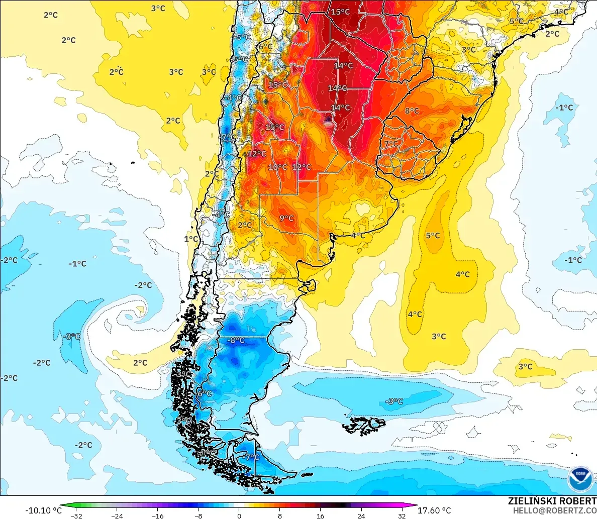 GFS model - Arjantin, 2 m Sıcaklık Anomalisi