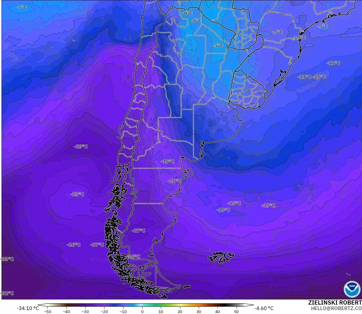 GFS model - Arjantin, 500 hPa Sıcaklık