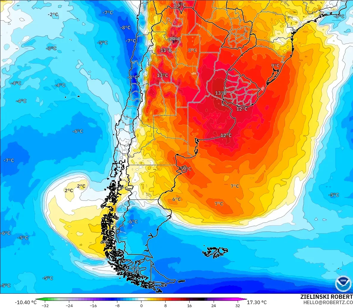 GFS model - Arjantin, 850 hPa Sıcaklık Anomalisi