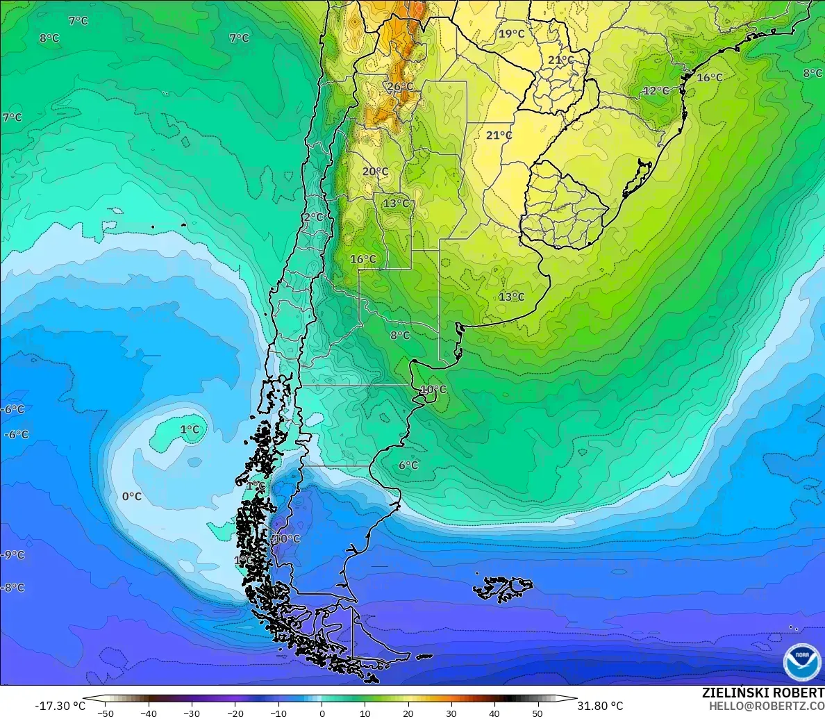 GFS model - Arjantin, 850 hPa Sıcaklık