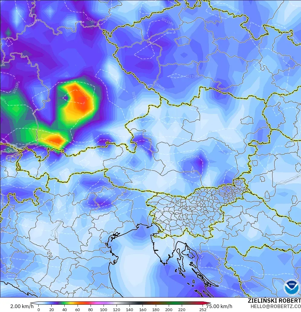 GFS model - Avusturya, En Yüksek Rüzgâr