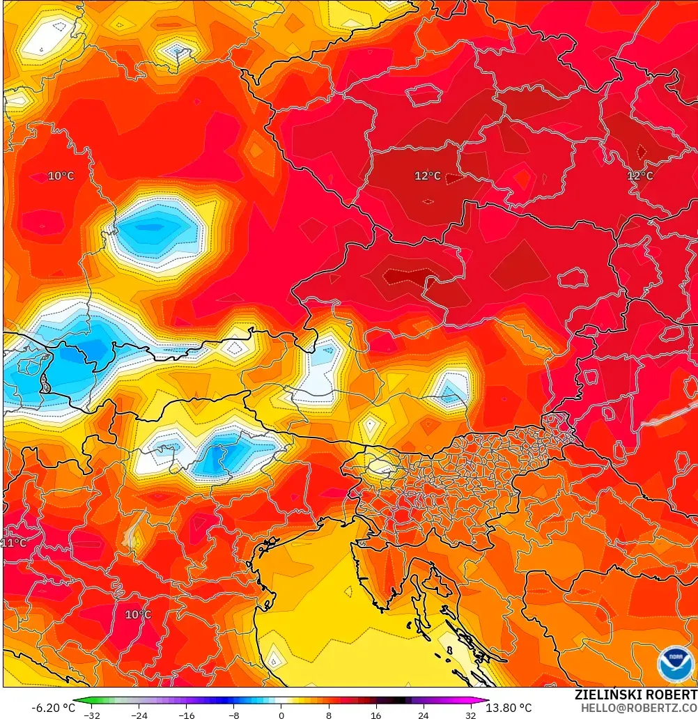 GFS model - Avusturya, 2 m Sıcaklık Anomalisi