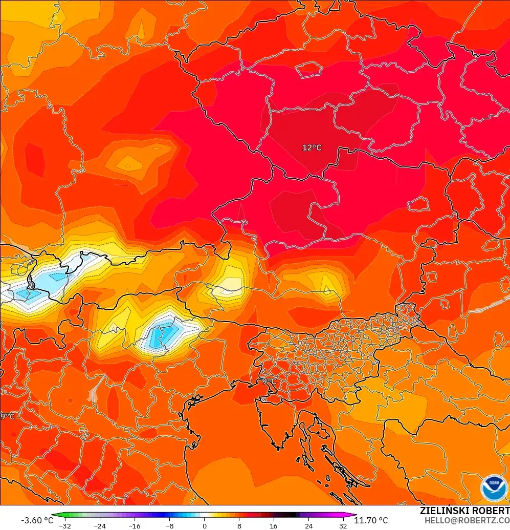 GFS model - Avusturya, 850 hPa Sıcaklık Anomalisi