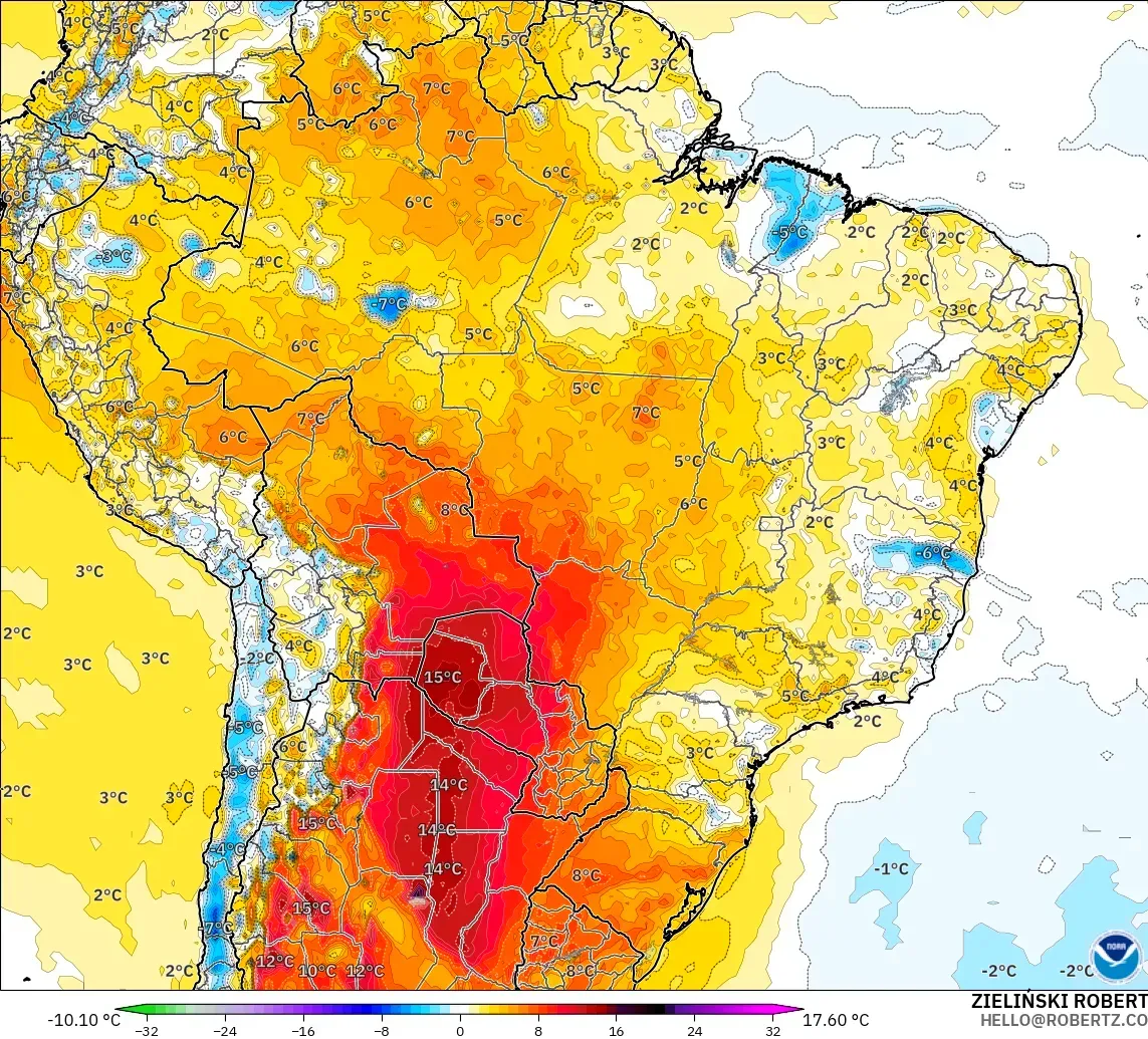 GFS model - Brezilya, 2 m Sıcaklık Anomalisi