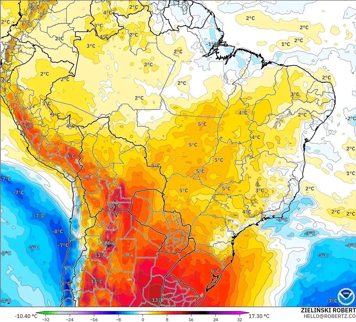 GFS model - Brezilya, 850 hPa Sıcaklık Anomalisi