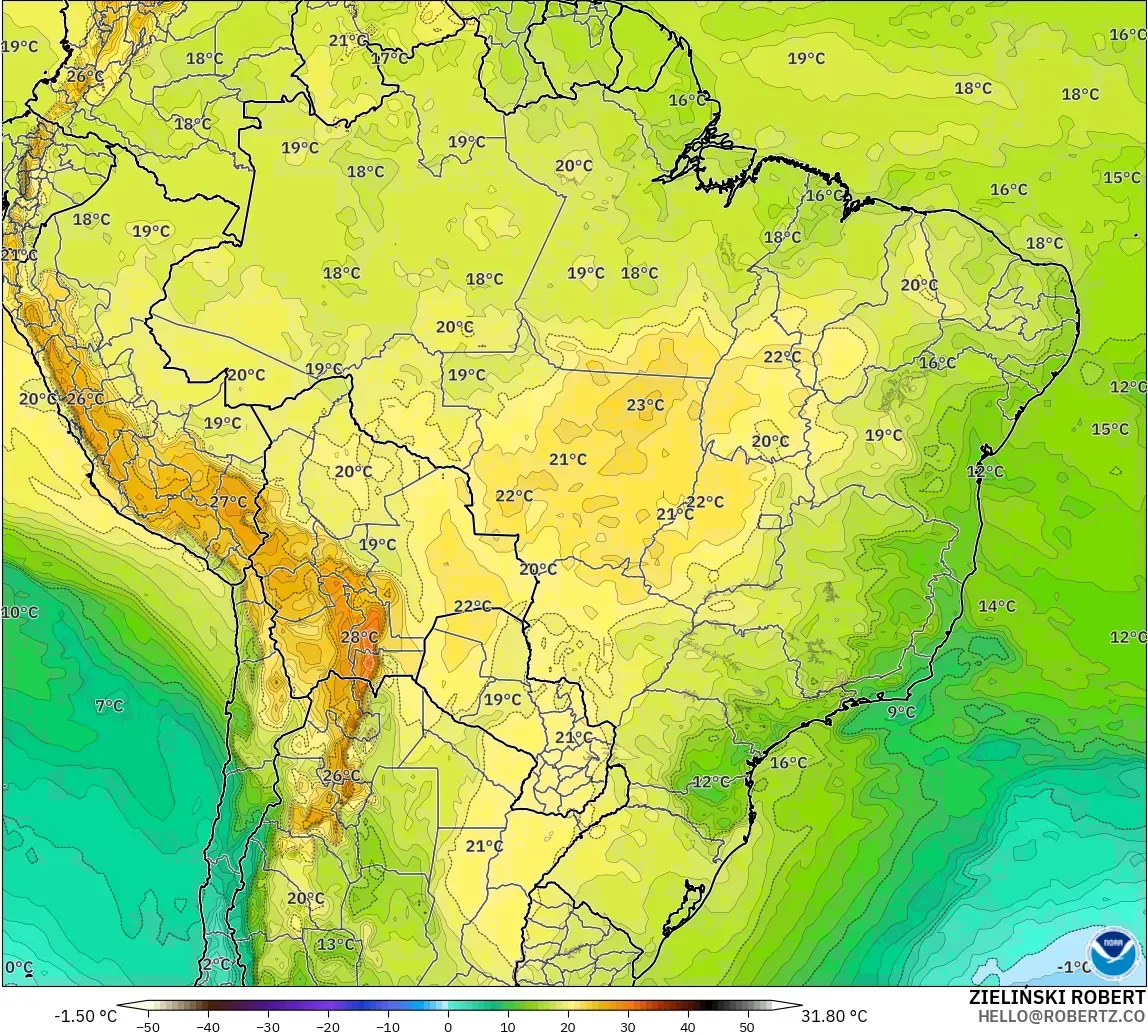 GFS model - Brezilya, 850 hPa Sıcaklık