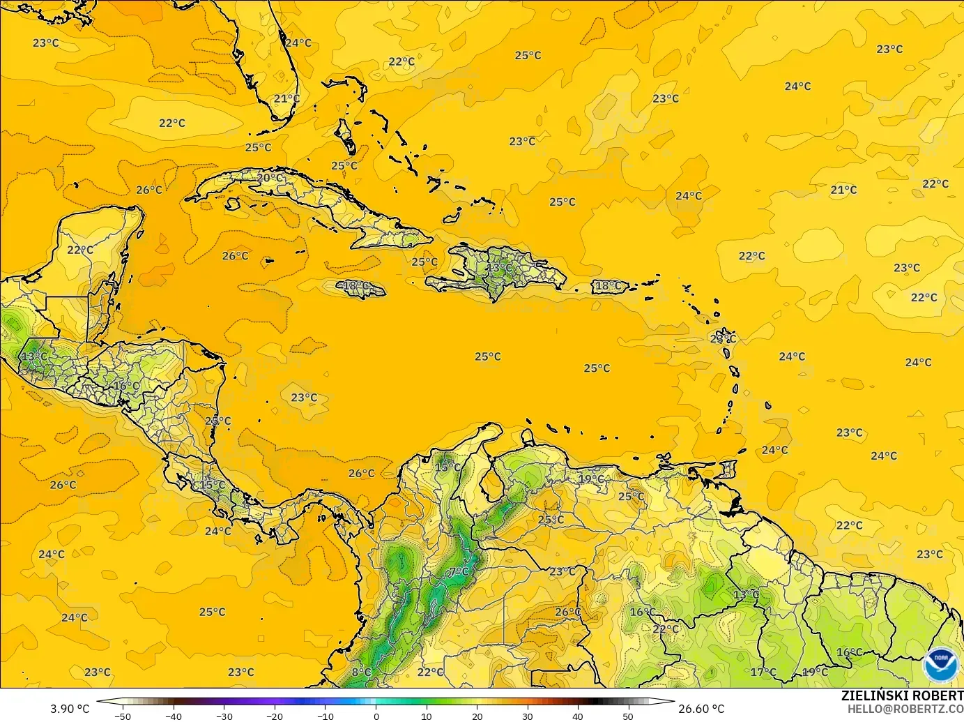 GFS model - Karayipler, 2 m Çiy Noktası