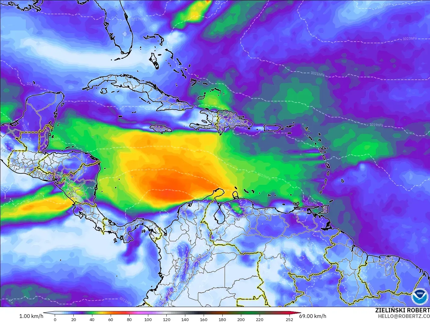 GFS model - Karayipler, En Yüksek Rüzgâr