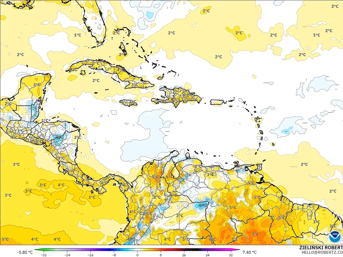 GFS model - Karayipler, 2 m Sıcaklık Anomalisi
