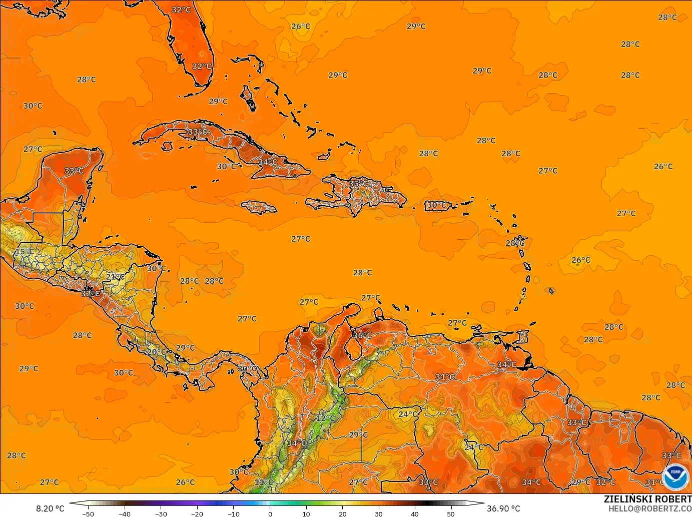 GFS model - Karayipler, 2 m Sıcaklık