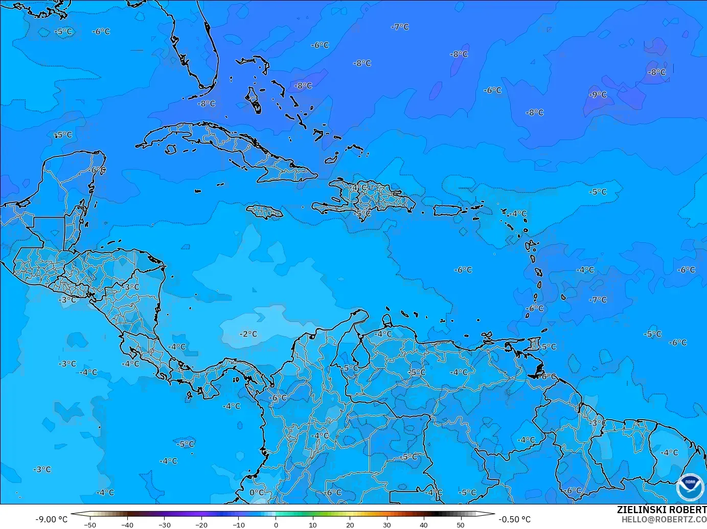 GFS model - Karayipler, 500 hPa Sıcaklık