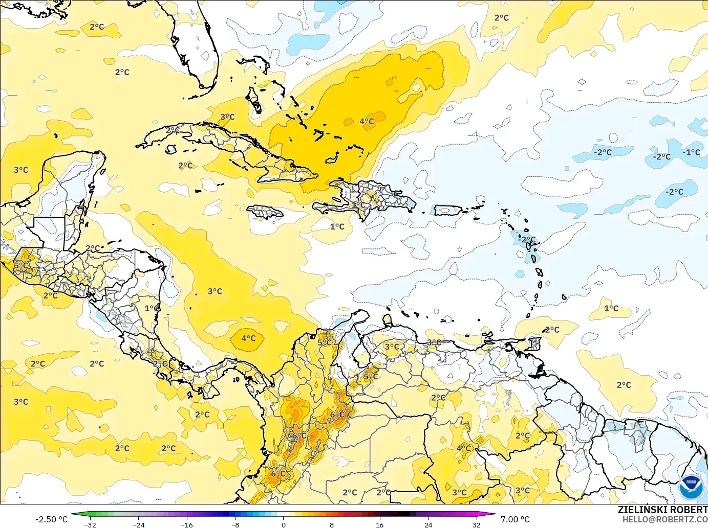 GFS model - Karayipler, 850 hPa Sıcaklık Anomalisi