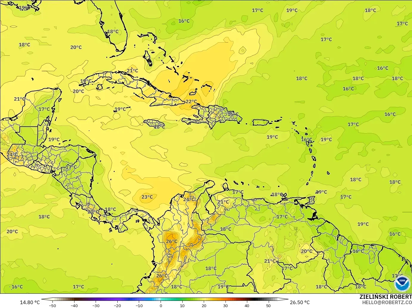 GFS model - Karayipler, 850 hPa Sıcaklık