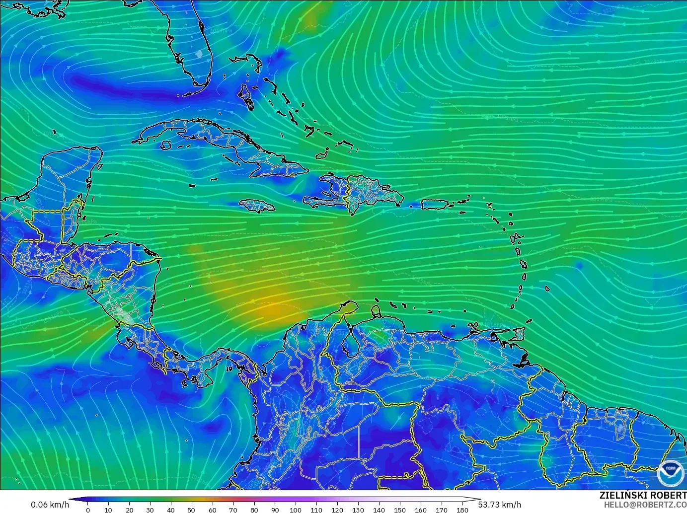 GFS model - Karayipler, 10 m Rüzgâr