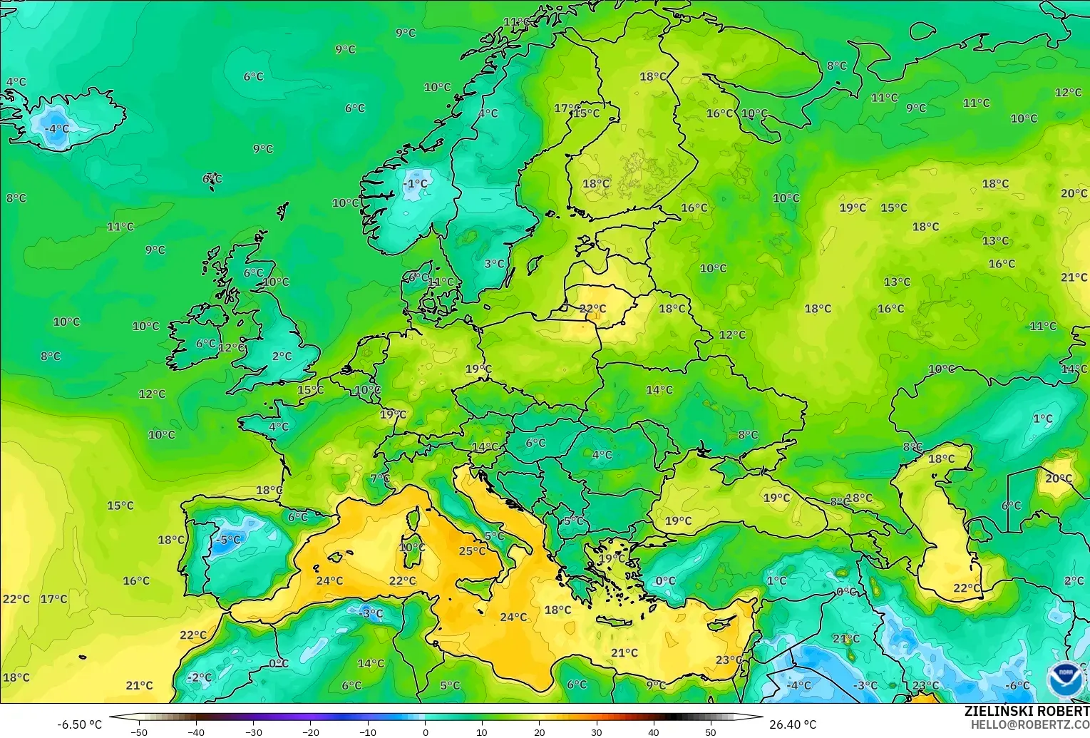 GFS model - Avrupa, 2 m Çiy Noktası