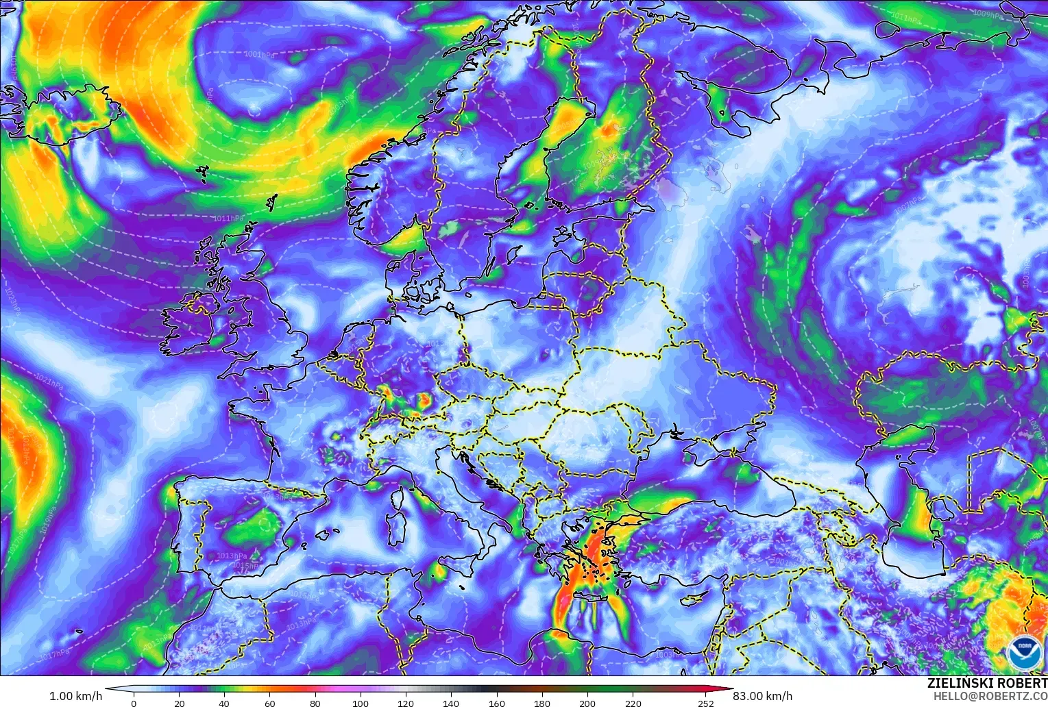 GFS model - Avrupa, Rüzgâr Esintileri