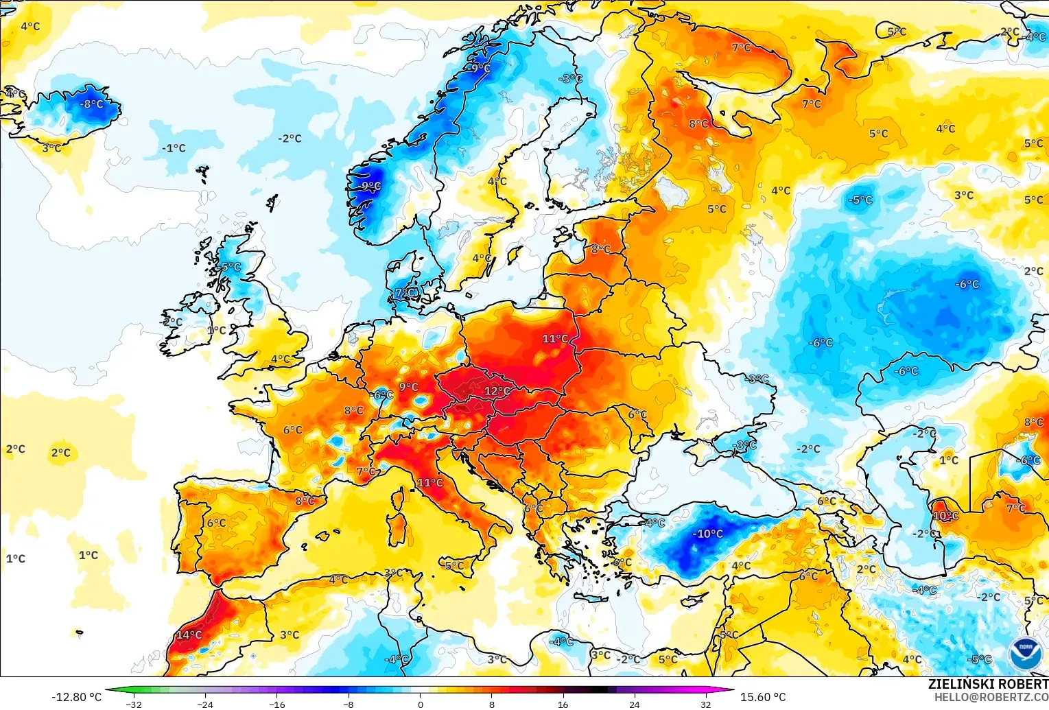 GFS model - Avrupa, 2 m Sıcaklık Anomalisi