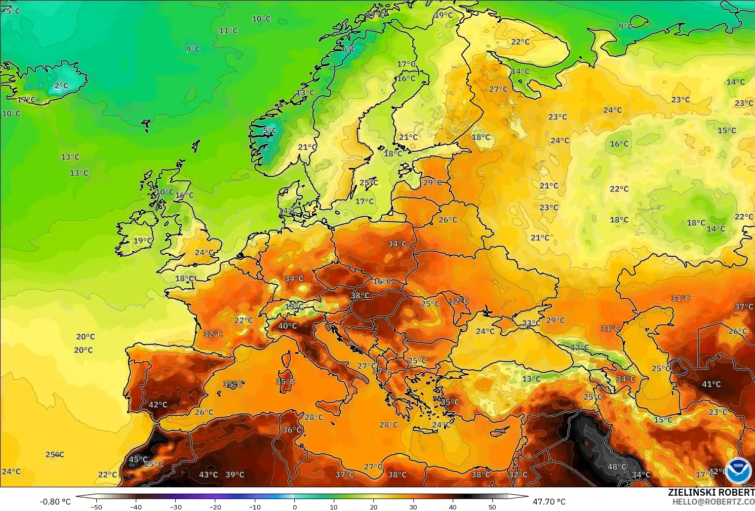 GFS model - Avrupa, 2 m Sıcaklık