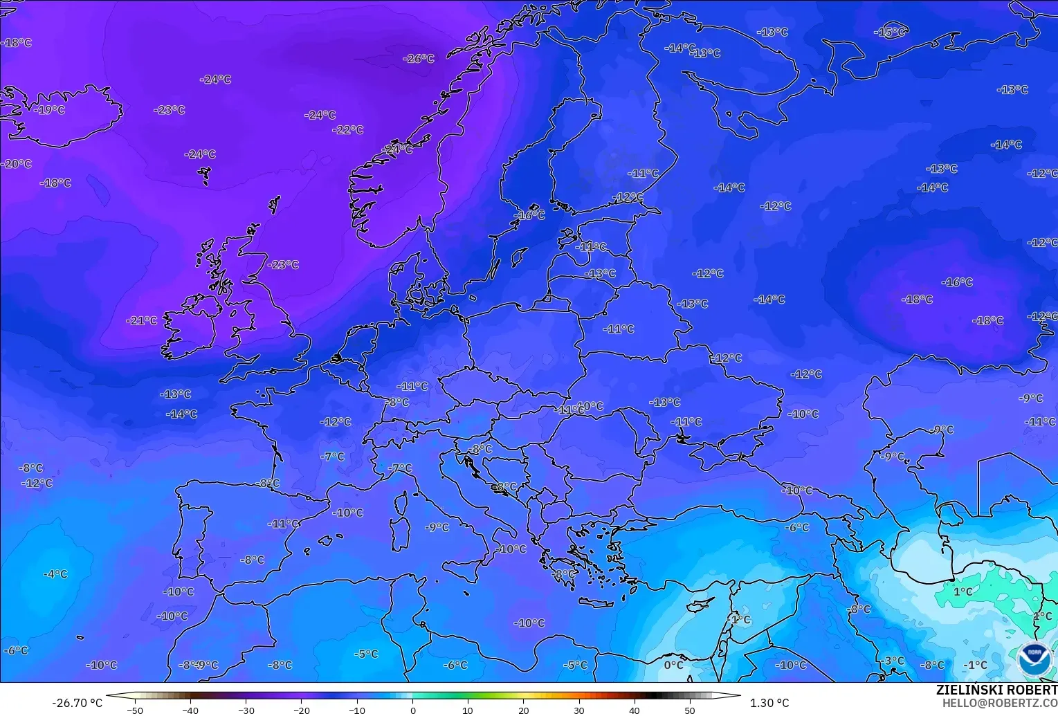 GFS model - Avrupa, 500 hPa Sıcaklık