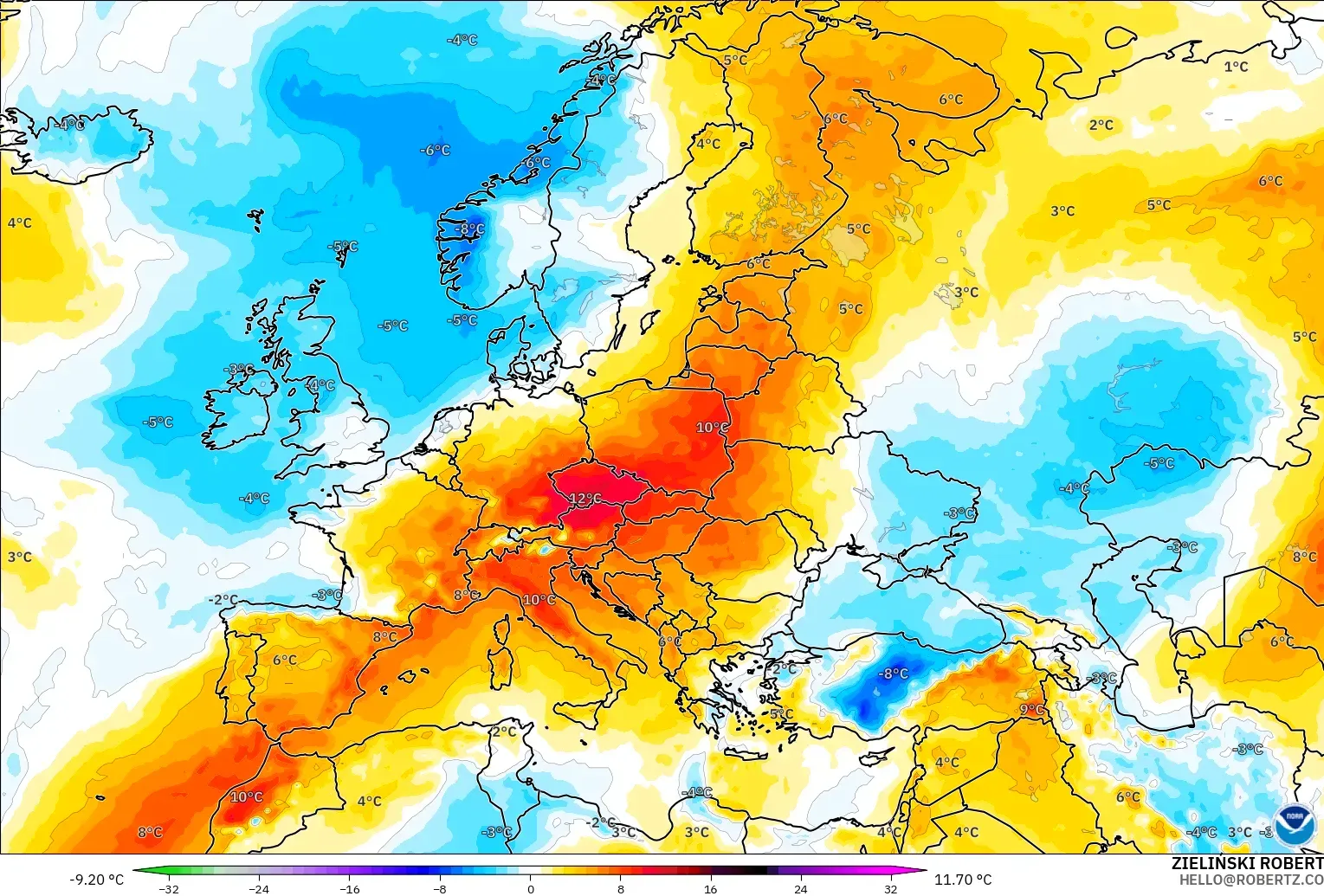GFS model - Avrupa, 850 hPa Sıcaklık Anomalisi