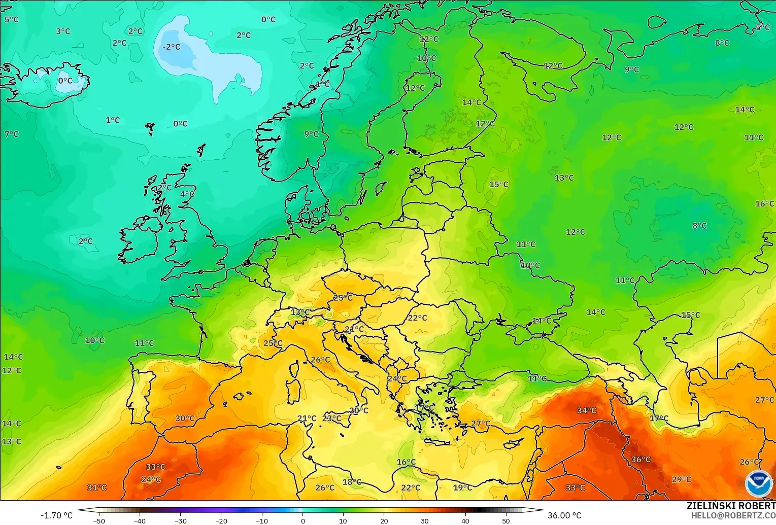GFS model - Avrupa, 850 hPa Sıcaklık