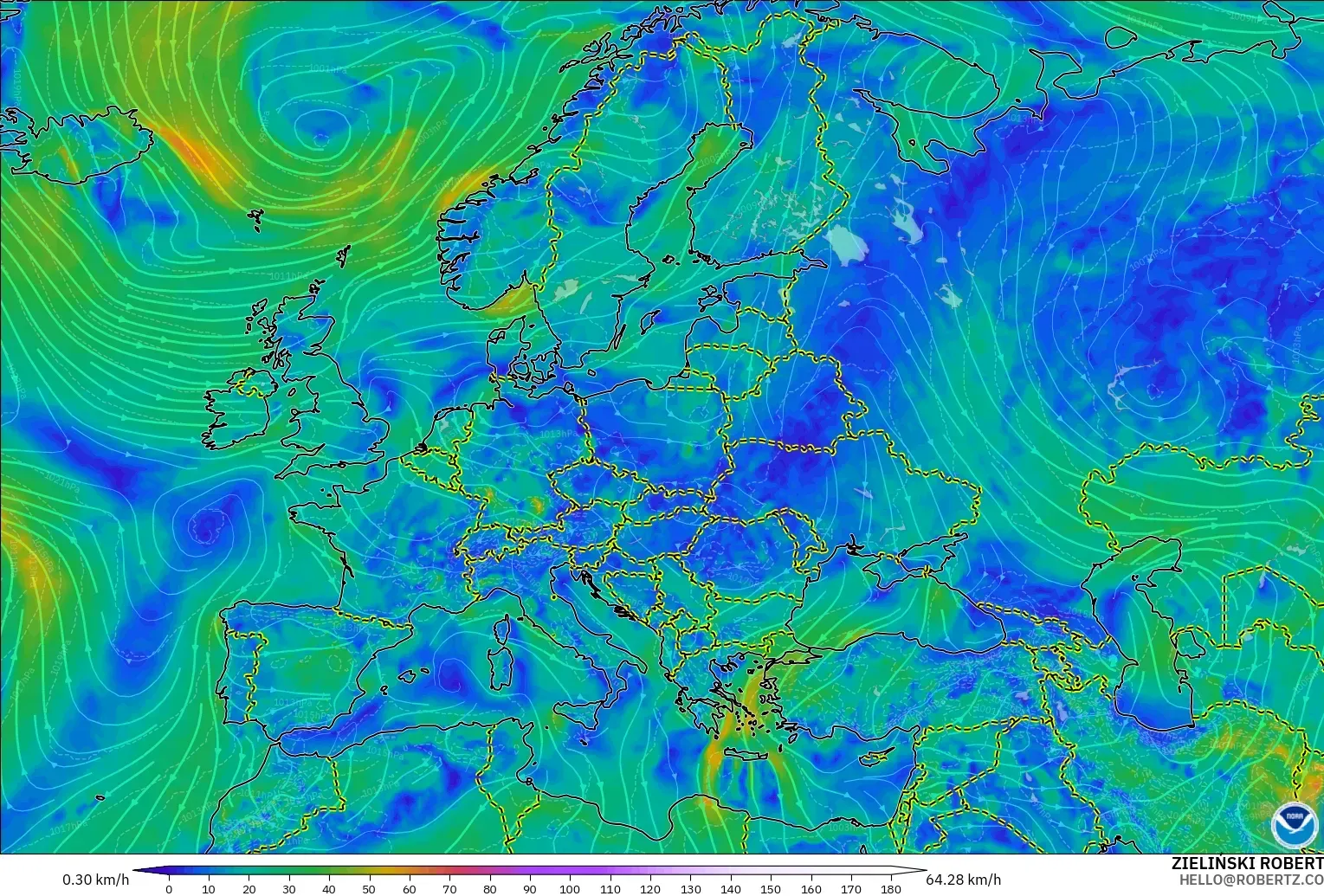 GFS model - Avrupa, 10 m Rüzgâr