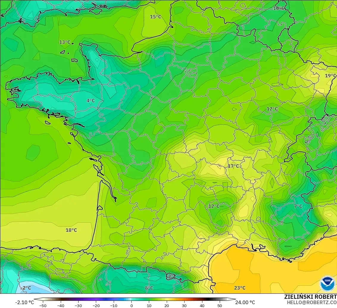 GFS model - Fransa, 2 m Çiy Noktası