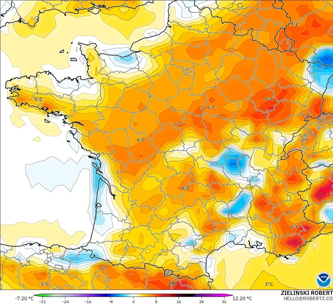GFS model - Fransa, 2 m Sıcaklık Anomalisi