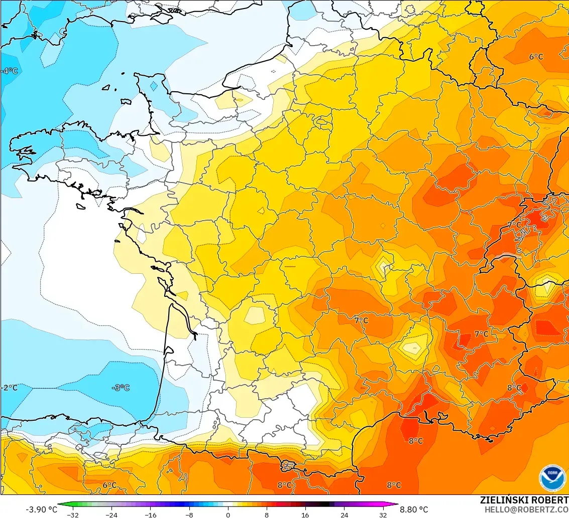 GFS model - Fransa, 850 hPa Sıcaklık Anomalisi