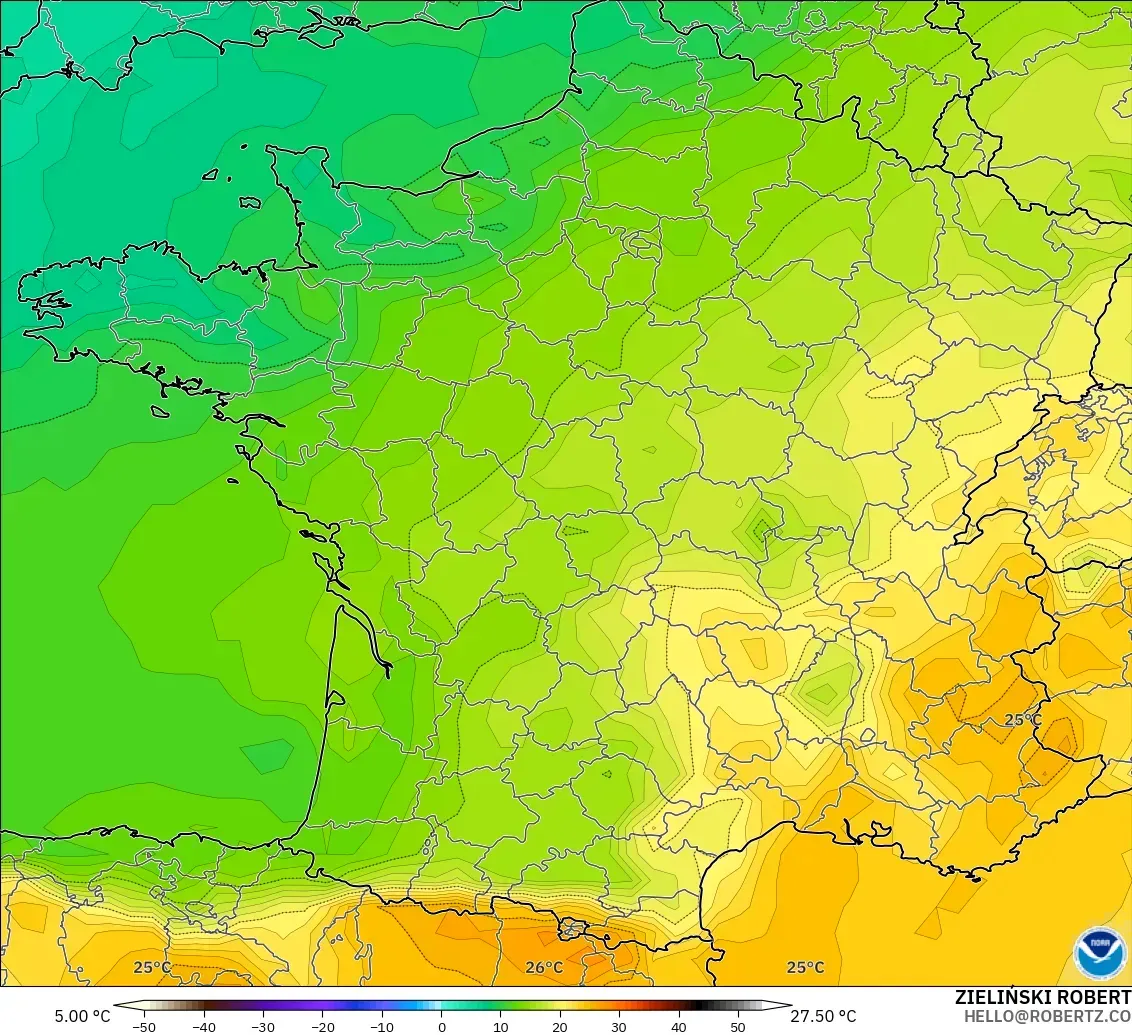 GFS model - Fransa, 850 hPa Sıcaklık