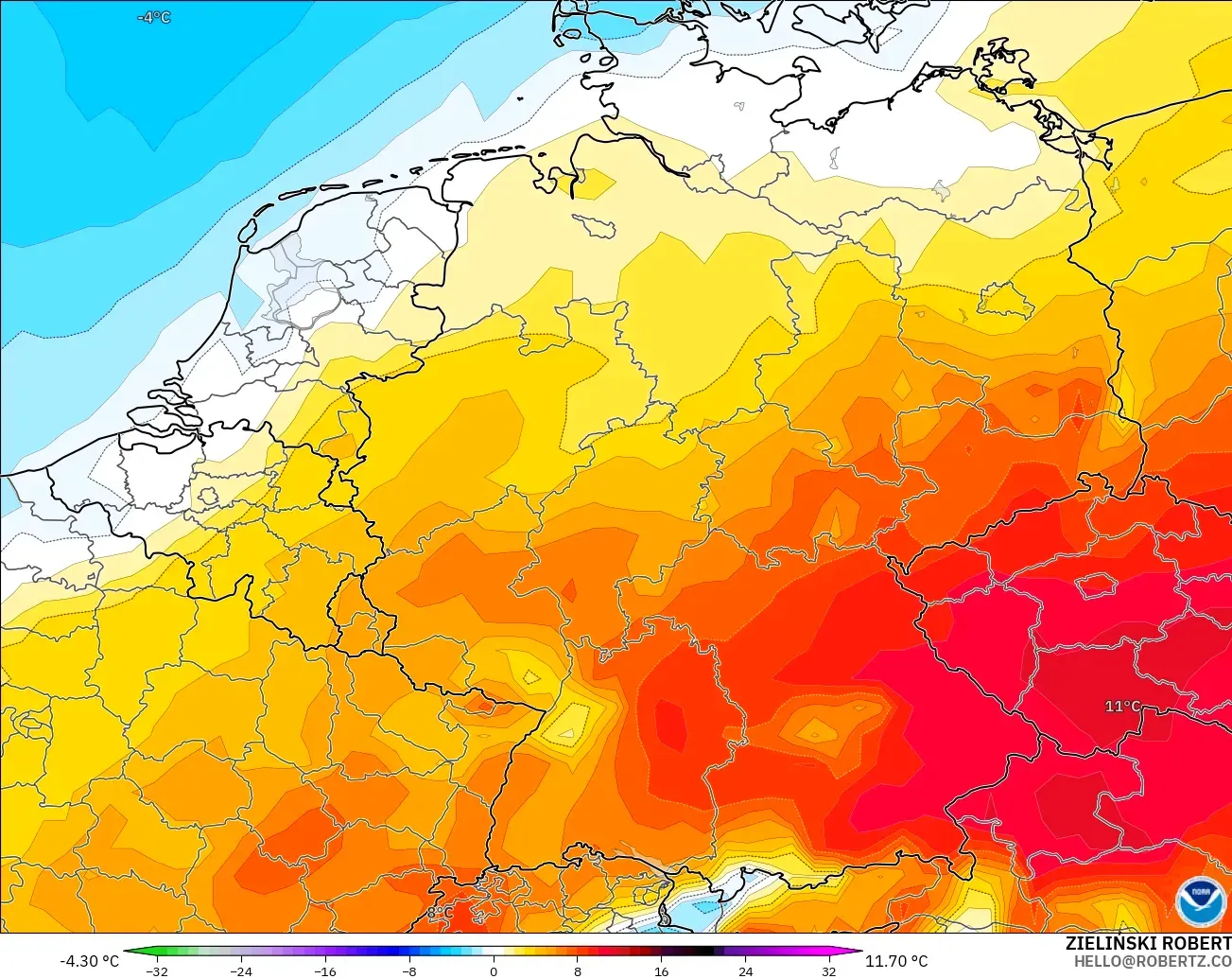 GFS model - Almanya, 850 hPa Sıcaklık Anomalisi
