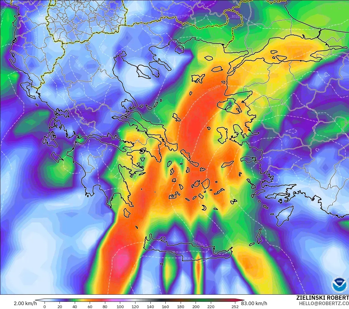GFS model - Yunanistan, En Yüksek Rüzgâr