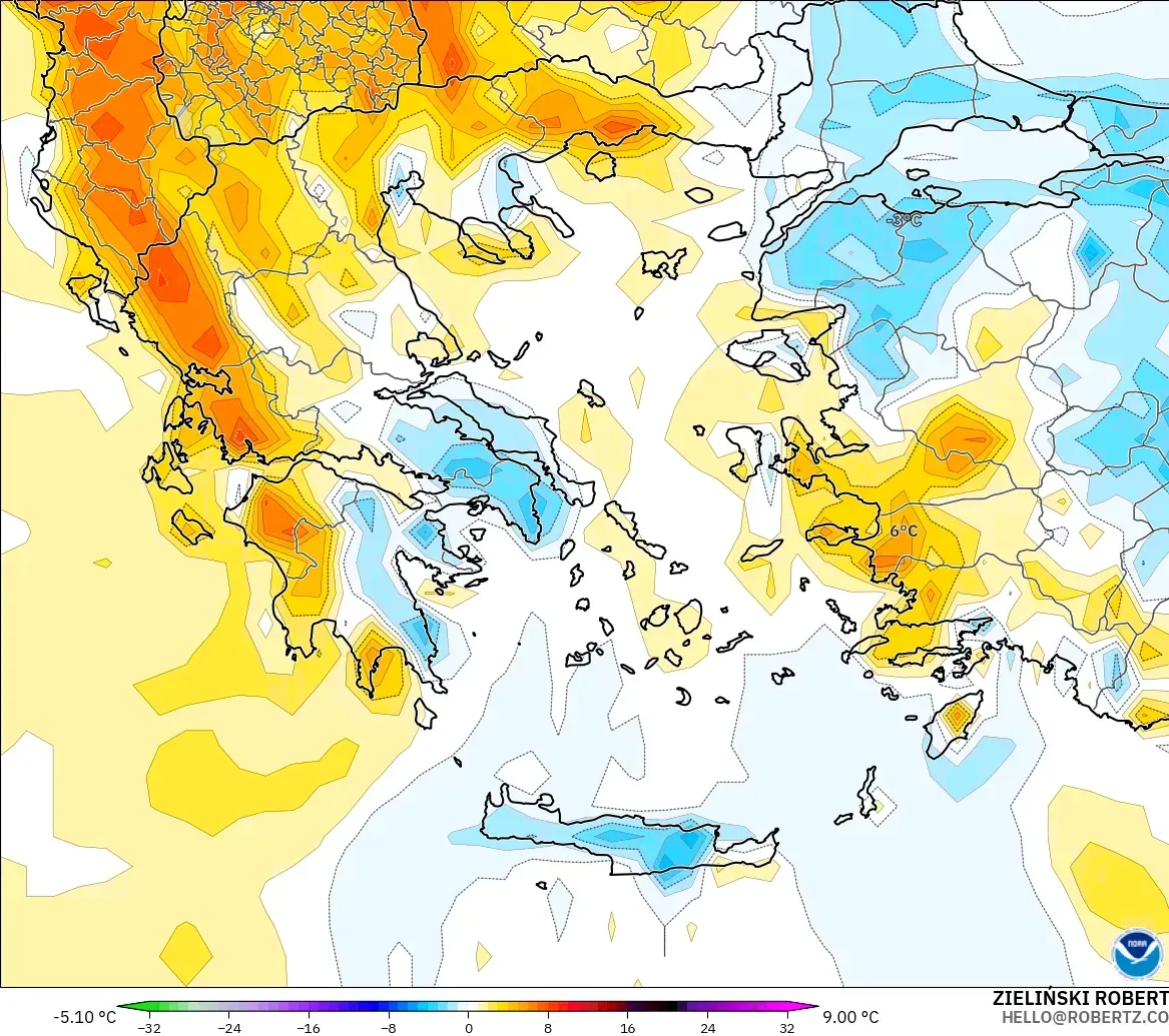 GFS model - Yunanistan, 2 m Sıcaklık Anomalisi