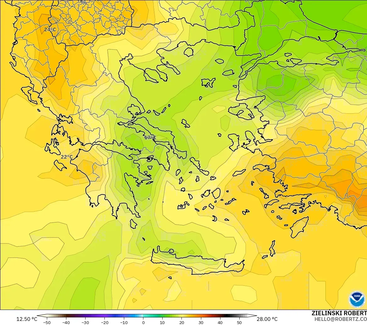 GFS model - Yunanistan, 850 hPa Sıcaklık