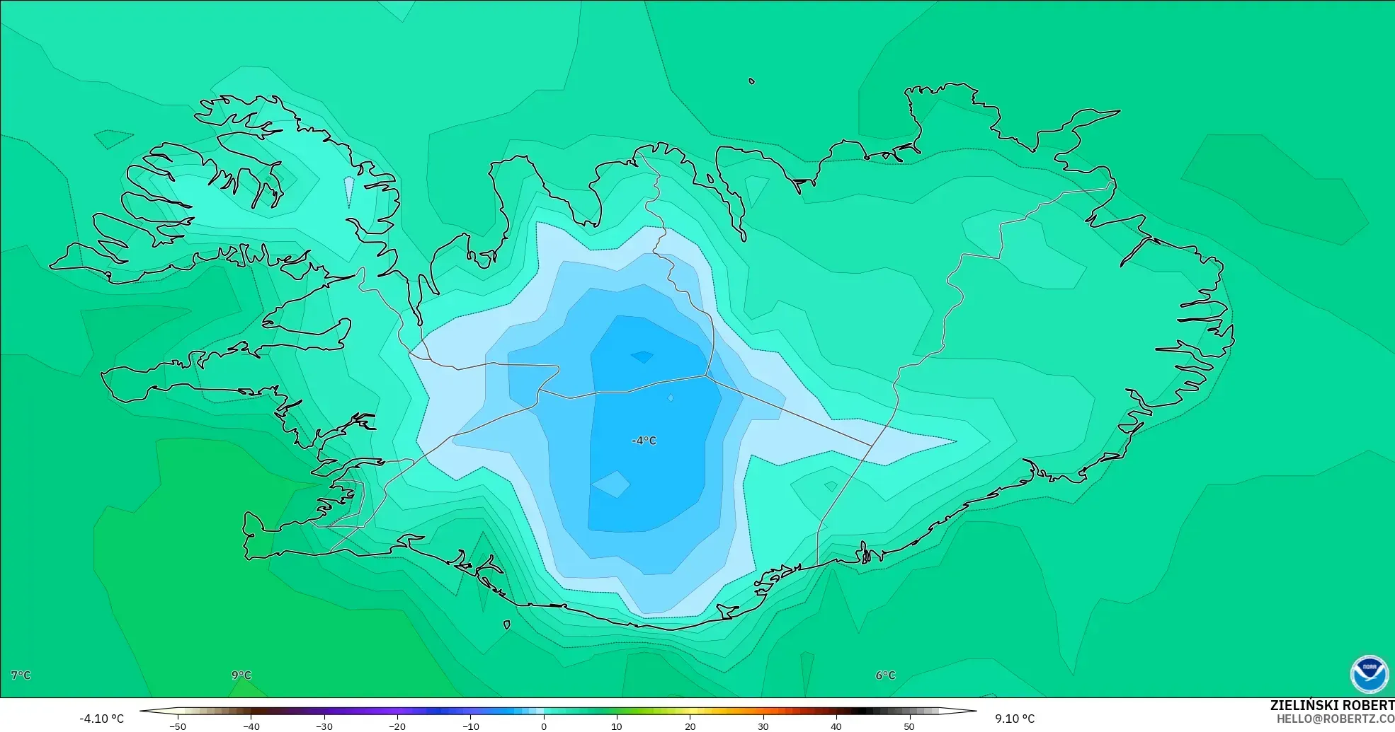 GFS model - İzlanda, 2 m Çiy Noktası