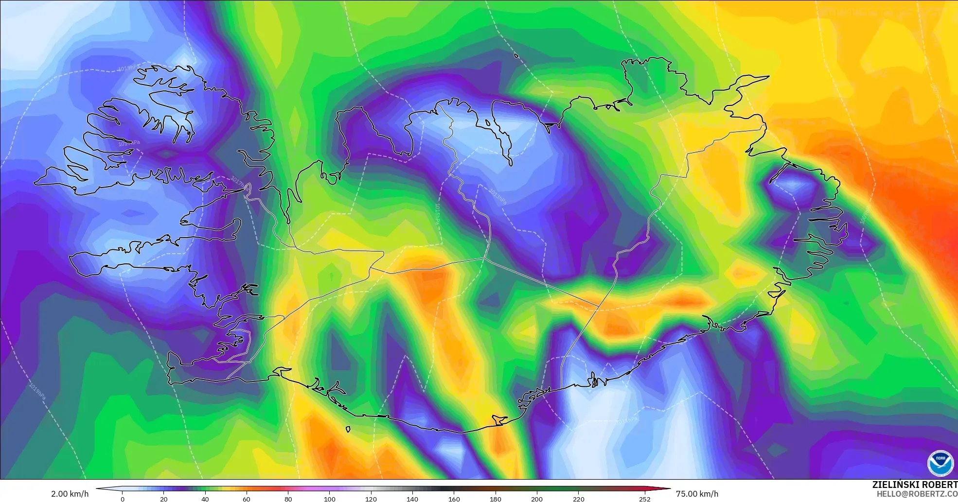 GFS model - İzlanda, Rüzgâr Esintileri