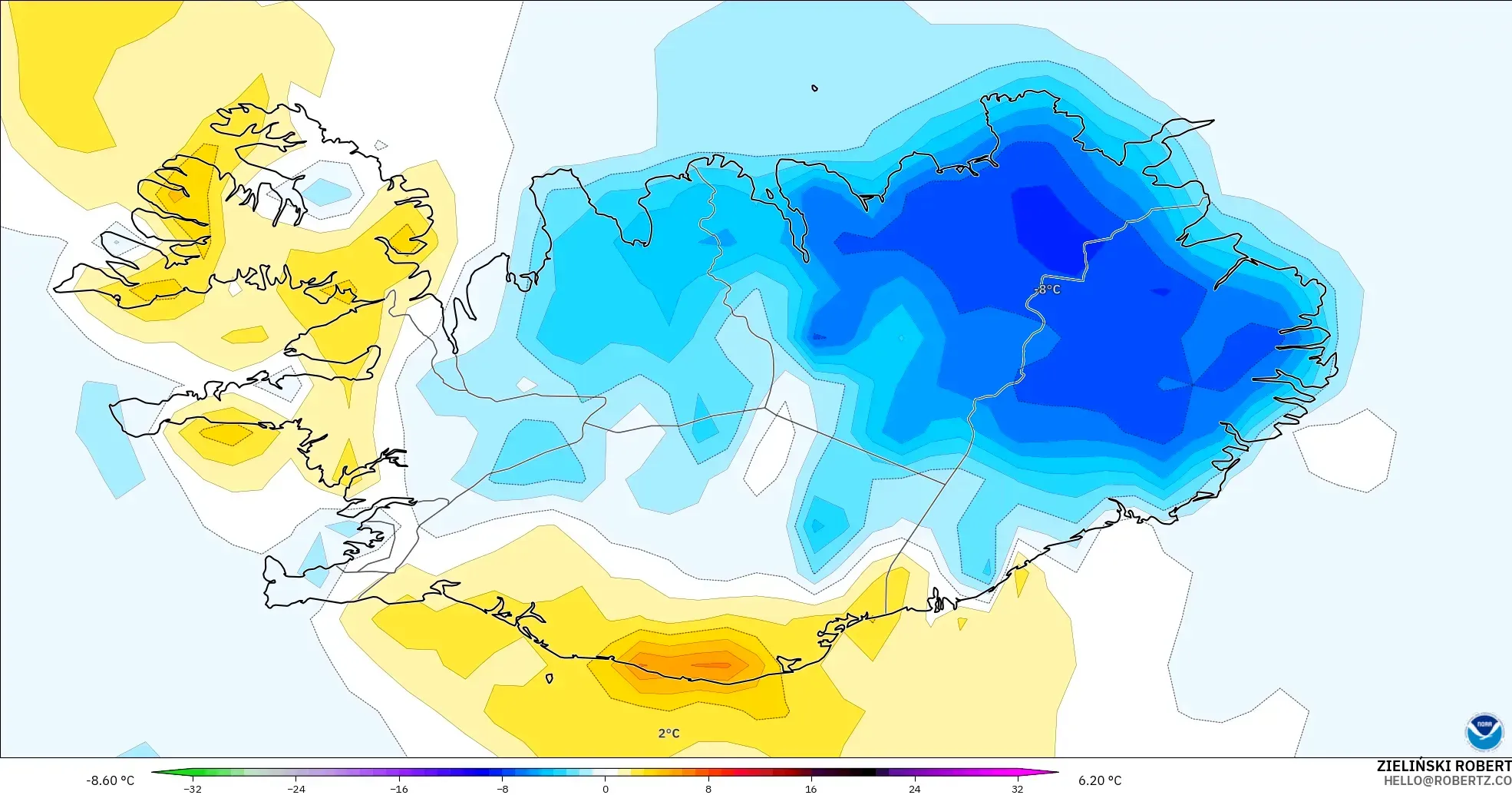 GFS model - İzlanda, 2 m Sıcaklık Anomalisi