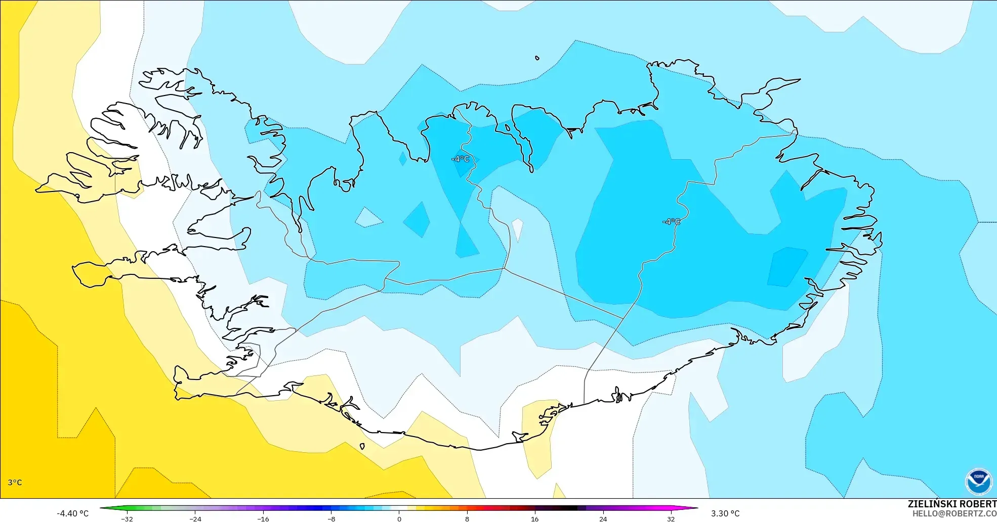 GFS model - İzlanda, 850 hPa Sıcaklık Anomalisi
