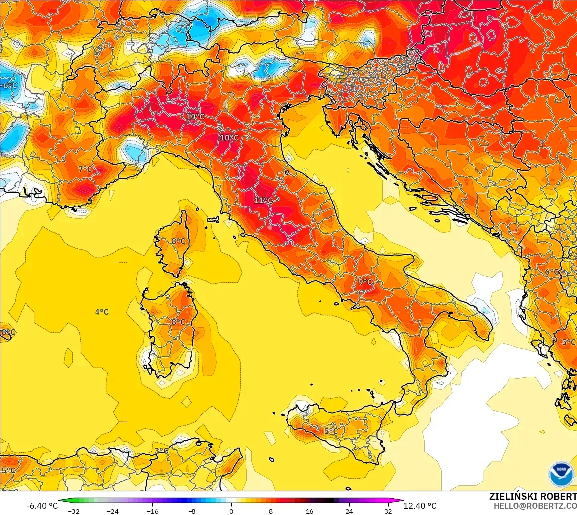 GFS model - İtalya, 2 m Sıcaklık Anomalisi