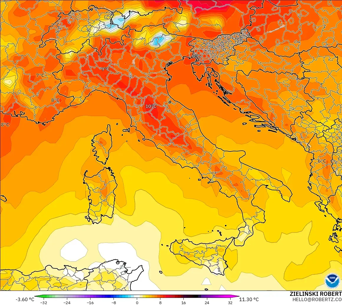 GFS model - İtalya, 850 hPa Sıcaklık Anomalisi