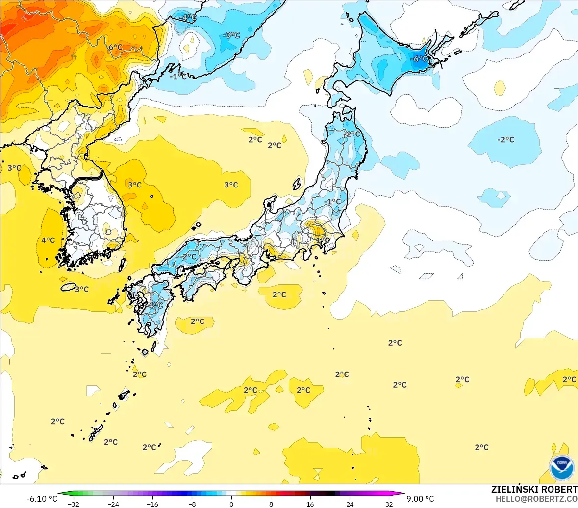 GFS model - Japonya, 2 m Sıcaklık Anomalisi