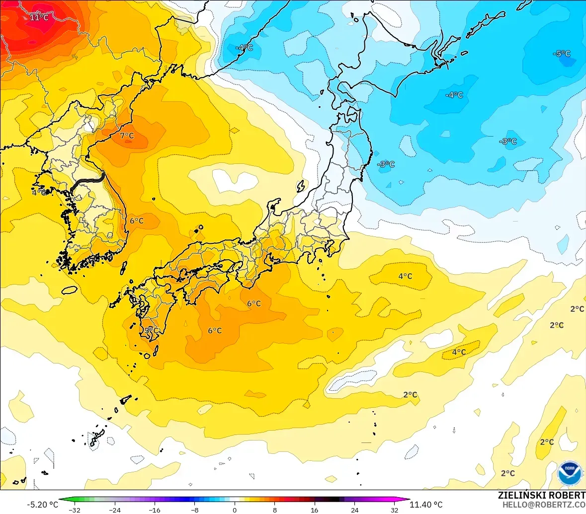 GFS model - Japonya, 850 hPa Sıcaklık Anomalisi