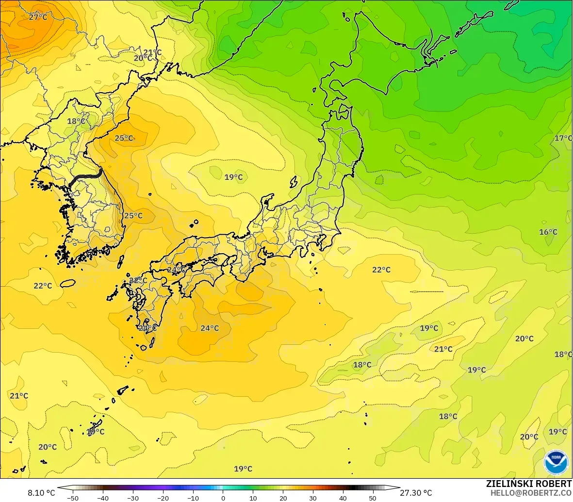 GFS model - Japonya, 850 hPa Sıcaklık
