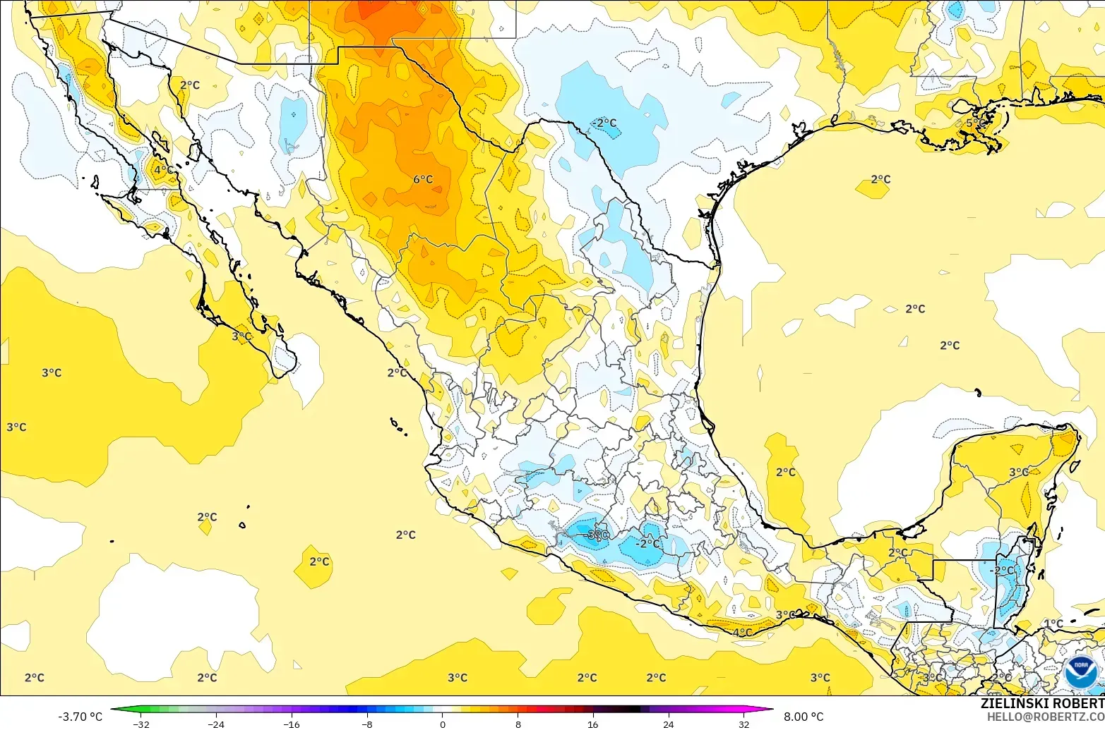 GFS model - Meksika, 2 m Sıcaklık Anomalisi