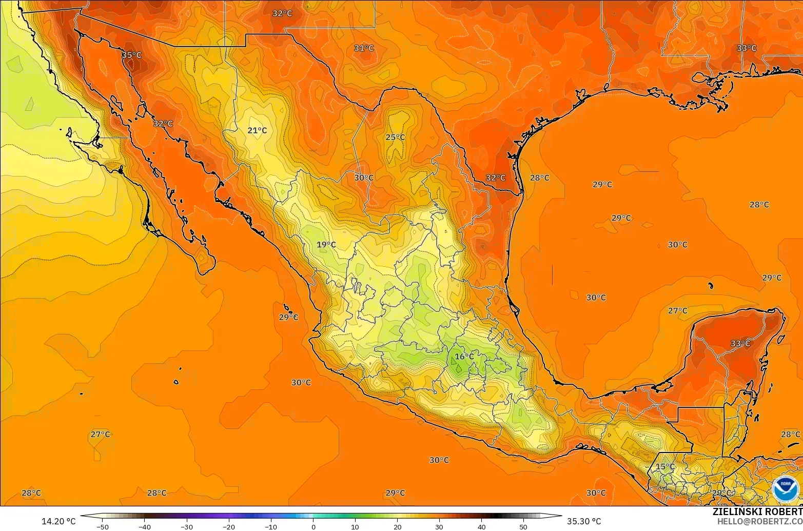 GFS model - Meksika, 2 m Sıcaklık
