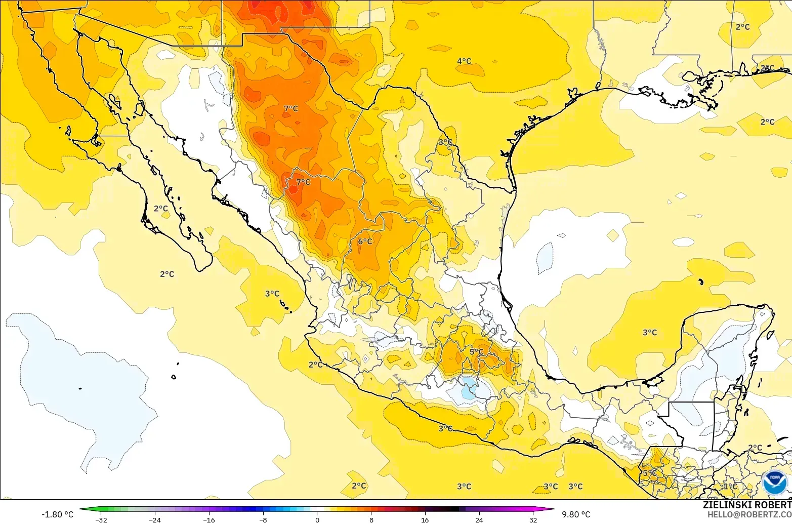 GFS model - Meksika, 850 hPa Sıcaklık Anomalisi